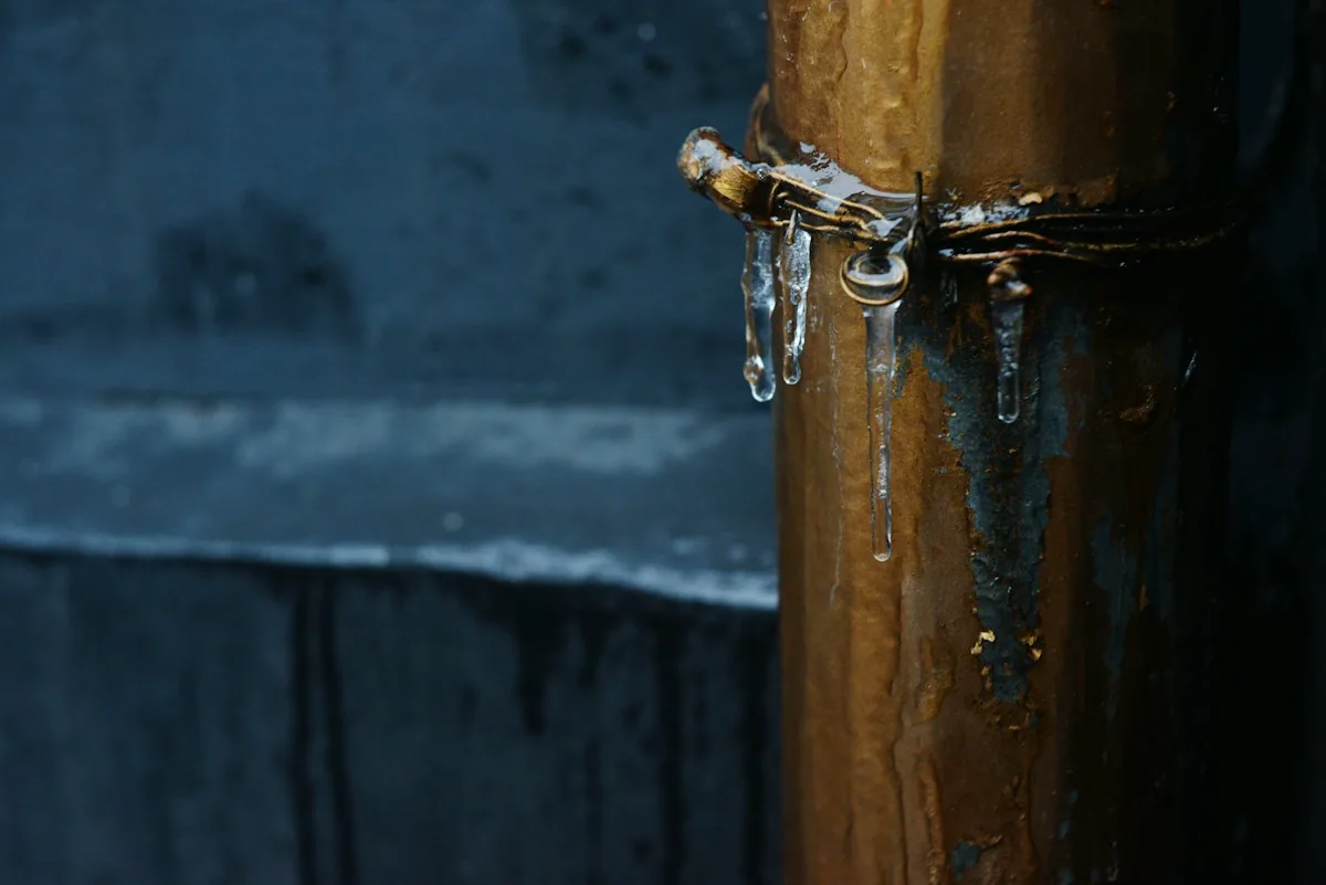 Goutte-à-goutte et glaçons sur une canalisation extérieure en hiver signe de gel imminent
